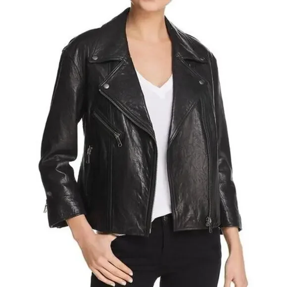 Joie Black Leather Moto Jacket Viva La Femme Graphic Print New Size S